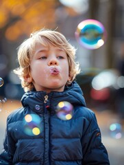 Wall Mural - A young boy blows bubbles in the air. AI.