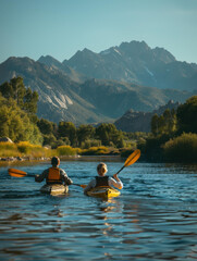 Sticker - Two people kayaking on a calm lake with mountains in the background. AI.