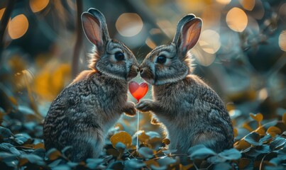 Canvas Print - Two bunnies share a heart-shaped treat. AI.