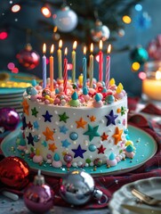 Poster - A colorful birthday cake with candles and decorations. AI.