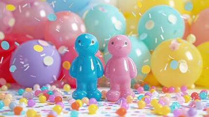 Poster - Colorful figures surrounded by balloons and confetti. AI.