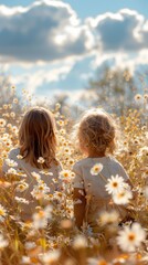 Wall Mural - Two children enjoying a sunny day in a field of daisies. AI.