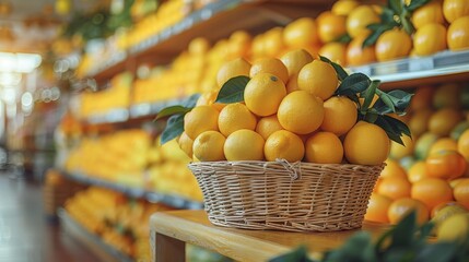 Wall Mural - Fresh oranges in a woven basket in grocery store - generative ai