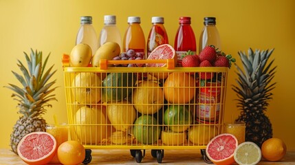 Wall Mural - Colorful grocery cart full of fruits and drinks - generative ai