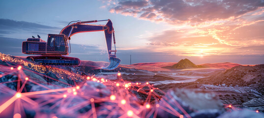 An excavator stands at a construction site, its digital overlay of data shimmering with red lines and white dots against a vibrant sunset sky