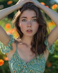 Wall Mural - A young woman with freckles looks directly at the camera. AI.