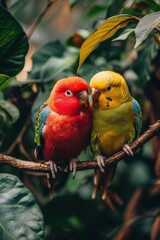 Canvas Print - Two colorful birds perched on a branch. AI.