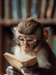 Sticker - A monkey wearing glasses reads a book. AI.