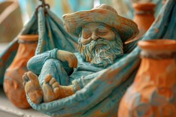 Canvas Print - A clay figurine of a man relaxing in a hammock. AI.