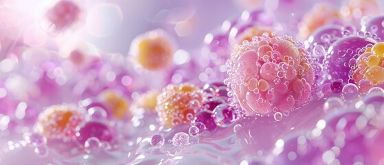 Wall Mural - Pink and orange spheres with bubbles. AI.