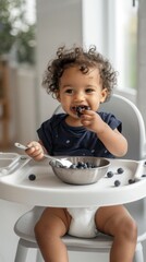 Wall Mural - A baby is sitting in a high chair eating blueberries