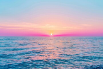 Wall Mural - Clear blue sky sunset with glowing pink and purple horizon on calm ocean seascape background. Picturesque - generative ai