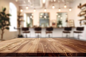 Wall Mural - empty brown wooden tabletop for product display on blurred beauty and hair salon interior background - generative ai