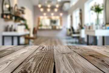 Wall Mural - empty brown wooden tabletop for product display on blurred beauty and hair salon interior background - generative ai