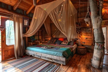 Interior of a log house with a double bed and a canopy