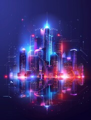 Wall Mural - A creative illustration of a city skyline infused with biometric technology elements, representing urban digital security and the smart city concept.