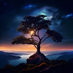 Poster - a-tree-on-top-of-a-mountain-this-mountain-is-located-in-the-lower-left-corner-next-to-the-mountain