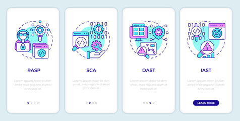 Application security tools onboarding mobile app screen. Walkthrough 4 steps editable graphic instructions with linear concepts. UI, UX, GUI template. Montserrat SemiBold, Regular fonts used