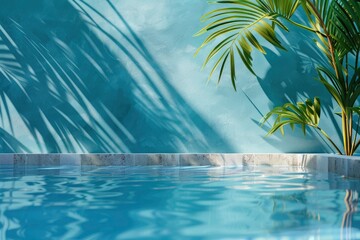 Wall Mural - Summer Background,Pure Water Surface Texture on Blue Wall Studio with Light, Shadow Palm Leaves,Backdrop Podium Display and water floating sun reflection,Concept Spring cosmetic - generative ai