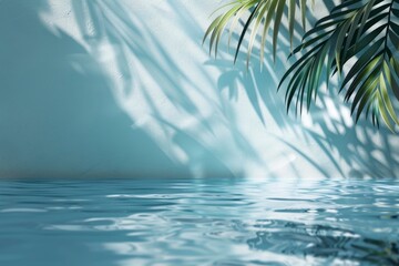 Wall Mural - Summer Background,Pure Water Surface Texture on Blue Wall Studio with Light, Shadow Palm Leaves,Backdrop Podium Display and water floating sun reflection,Concept Spring cosmetic - generative ai