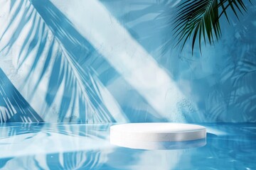 Wall Mural - Summer Background,Pure Water Surface Texture on Blue Wall Studio with Light, Shadow Palm Leaves,Backdrop Podium Display and water floating sun reflection,Concept Spring cosmetic - generative ai