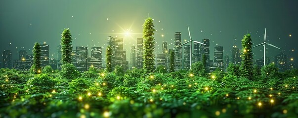 A vibrant landscape blending nature and modernity, showcasing urban skyscrapers intertwined with greenery and renewable energy.