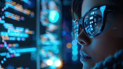 Focused Woman in Glasses Looking at a Computer Screen with Blue and Yellow Lights