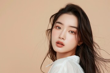 Wall Mural - Young Asian beauty woman long hair with korean makeup style on face and perfect skin on isolated beige background. Facial treatment, Cosmetology, plastic surgery - generative ai