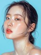 © Nia™ - Young Asian beauty woman pull back hair with Koreans makeup style on face and perfect clean skin on isolated blue background. Facial treatment, Cosmetology, plastic surgery - generative ai