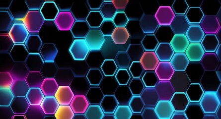 Poster - colorful hologram hexagon lights projection grid techn technology abstract background with copy space