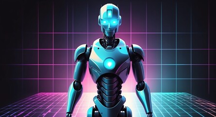 colorful hologram robot humanoid projection grid techn technology abstract background with copy space