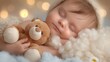 © Stone Story - Adorable baby peacefully sleeping while cuddling with a teddy bear, surrounded by soft blankets and warm, dreamy lights in the background.