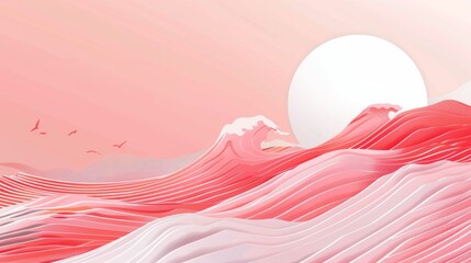 Wall Mural - Waves in japanese art style, palette shades of crimson and light pink