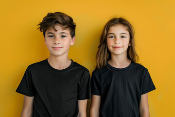 Wall Mural - Boy and a girl in black t-shirts on a yellow background. Kids t-shirts mockup.