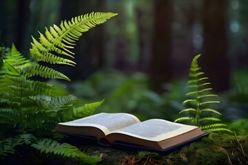 butterfly fern leaves and old open book on stump in forest dark natural blurred background mystery atmosphere leisure reading pure wild nature environment concept template for design banner Generative