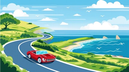 Poster - Red Convertible Driving on a Coastal Road