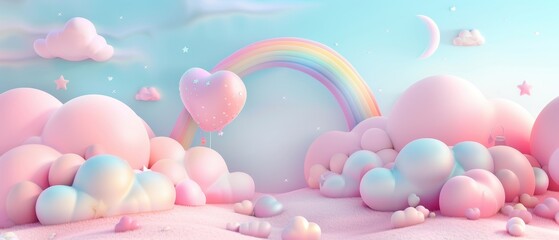 Wall Mural - A colorful, whimsical scene of a rainbow and clouds with a heart in the middle. Scene is playful and lighthearted