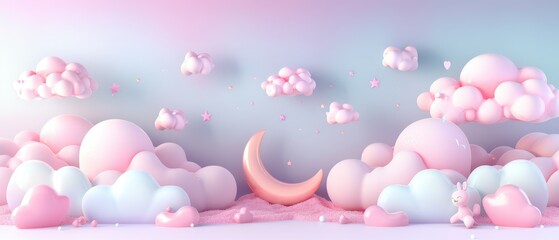 Wall Mural - A pink and white background with a large pink moon and many pink clouds. There is a rabbit in the bottom right corner of the image