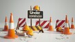 © Oulaphone - Under construction sign with traffic cones and hard hats on white background.