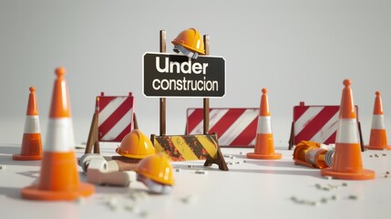 under construction sign with traffic cones and hard hats on white background.