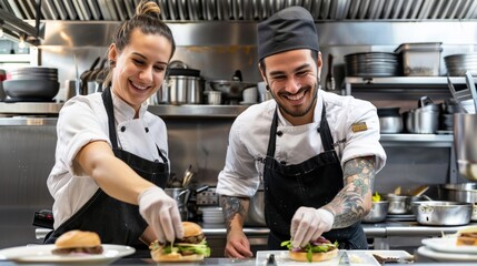 Happy chef working together in the kitchen of an upscale restaurant.