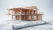 © Oulaphone - House model under construction on blueprints building project. Under construction concept.