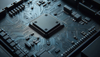 Poster - Close-up minimalist illustration of a microchip integrated on motherboard