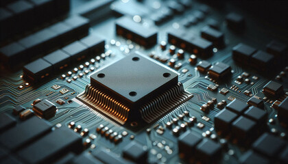 Poster - Close-up minimalist illustration of a microchip integrated on motherboard
