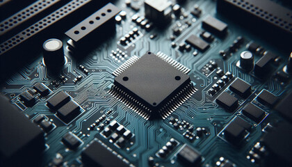 Poster - Close-up minimalist illustration of a microchip integrated on motherboard