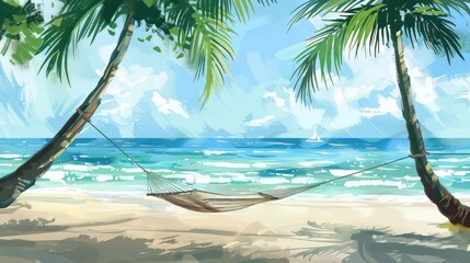 Poster - Tropical Beach with Hammock and Palm Trees