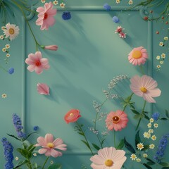 Wall Mural - Floral Arrangement with Pink and Blue Flowers on a Green Background