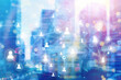 © adobe st - A digital illustration of a social network concept with people icons connected by lines on a blue background, with a blurred cityscape in the backdrop