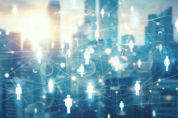 A digital illustration of a social network concept with people icons connected by lines on a blue background, with a blurred cityscape in the backdrop