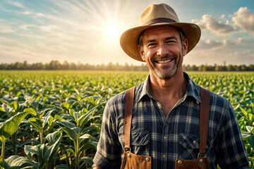 Portrait of smile man farmer in agriculture field at farm and plants background, happy look. Farming, pleased adult male in agriculture, small business owner. Good harvest concept. Copy ad text space